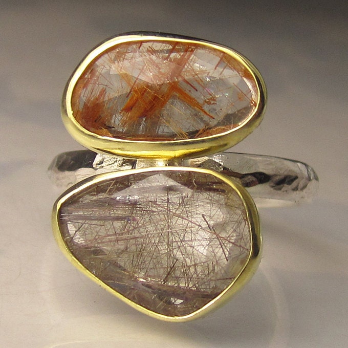 Two Stone Rose Cut Rutilated Quartz Ring - 18k Yellow Gold and Sterling Silver