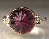Carved Pink Tourmaline Ring - 18k Yellow Gold and Sterling Silver Cocktail Ring