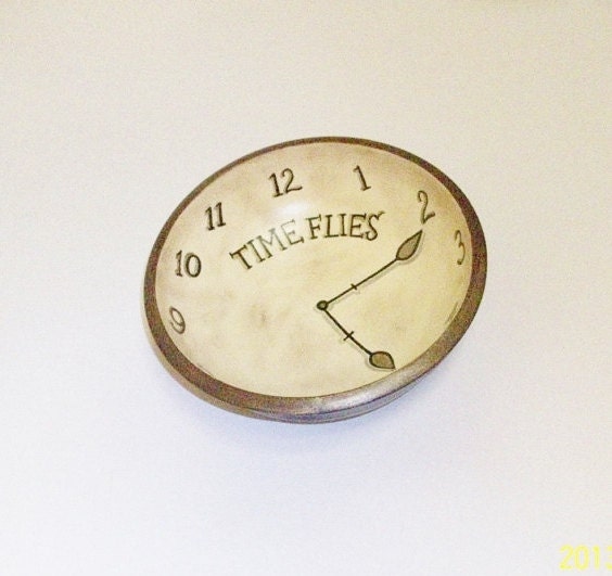 Small Wooden Hand Painted Bowl-Time Flies-Clock Face Design