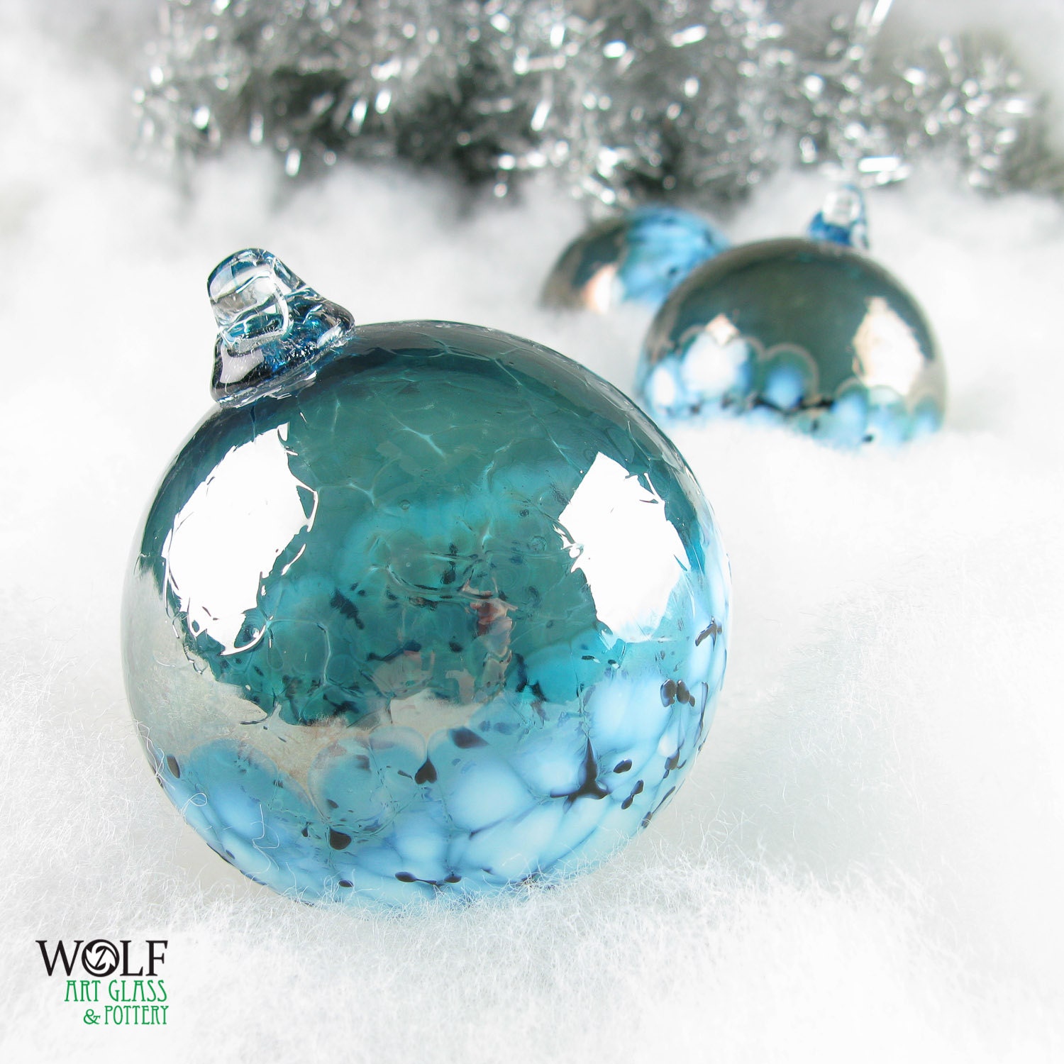 Blown Glass Christmas Ornament Ball Dark Shiny Denim Blue Blossom