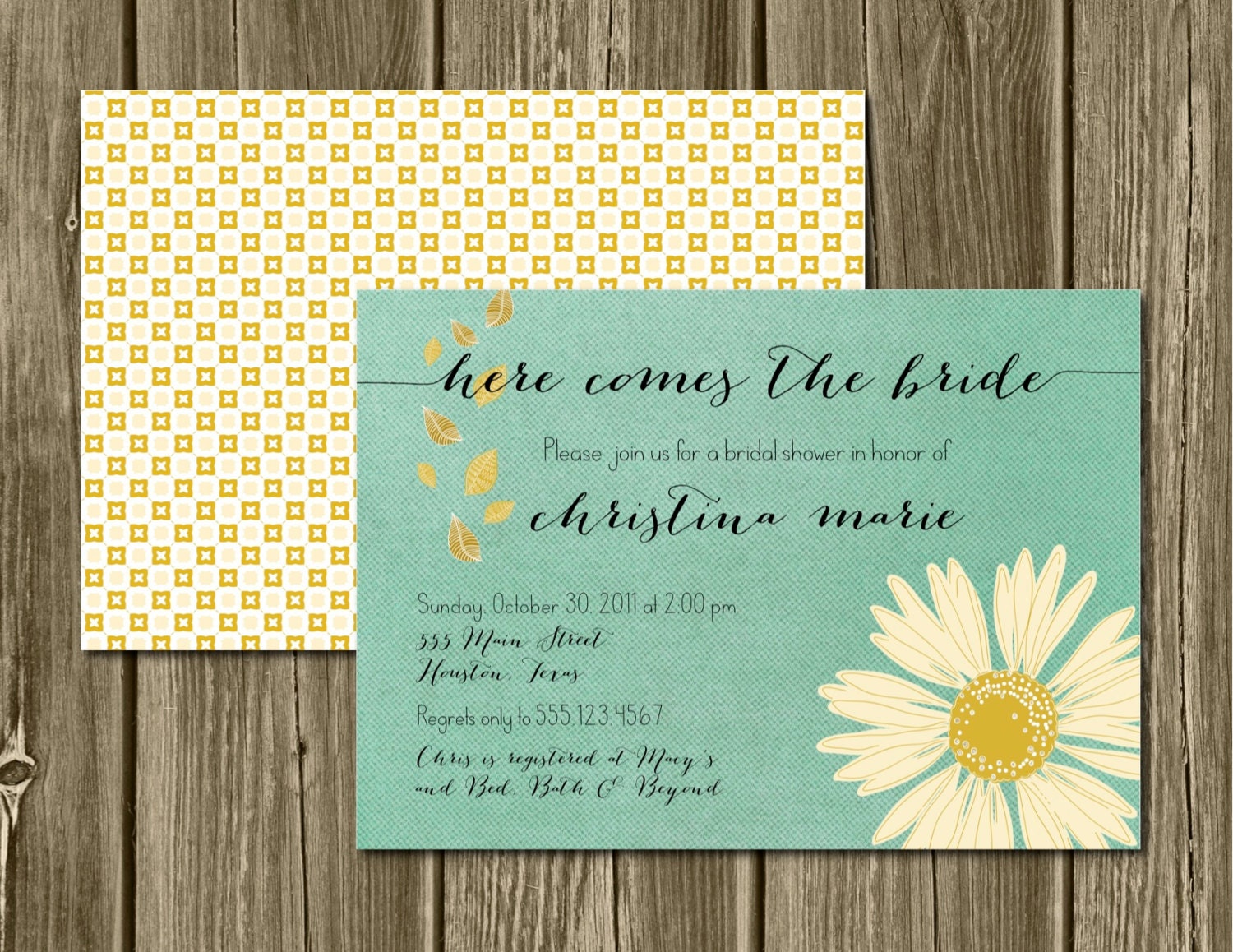 SALE - Digital Printable Here Comes the Bride Shower Invitations. DIY. Wedding. Party Invite. Bridal Shower. Wedding. Flower Leaf Invite.