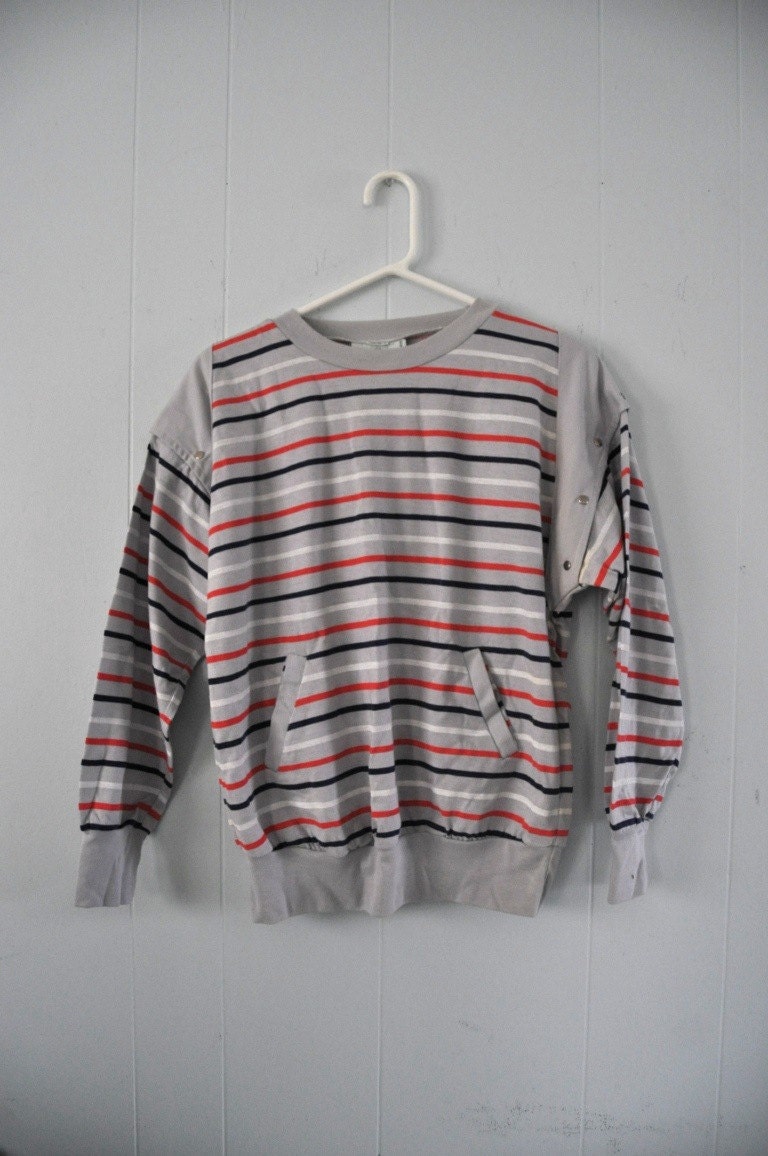 Snap On Off Sleeves Long Sleeve Shirt Top 80s Striped Sleeveless Tank Top Red Black Gray Stripes Shirt Soft Medium Large