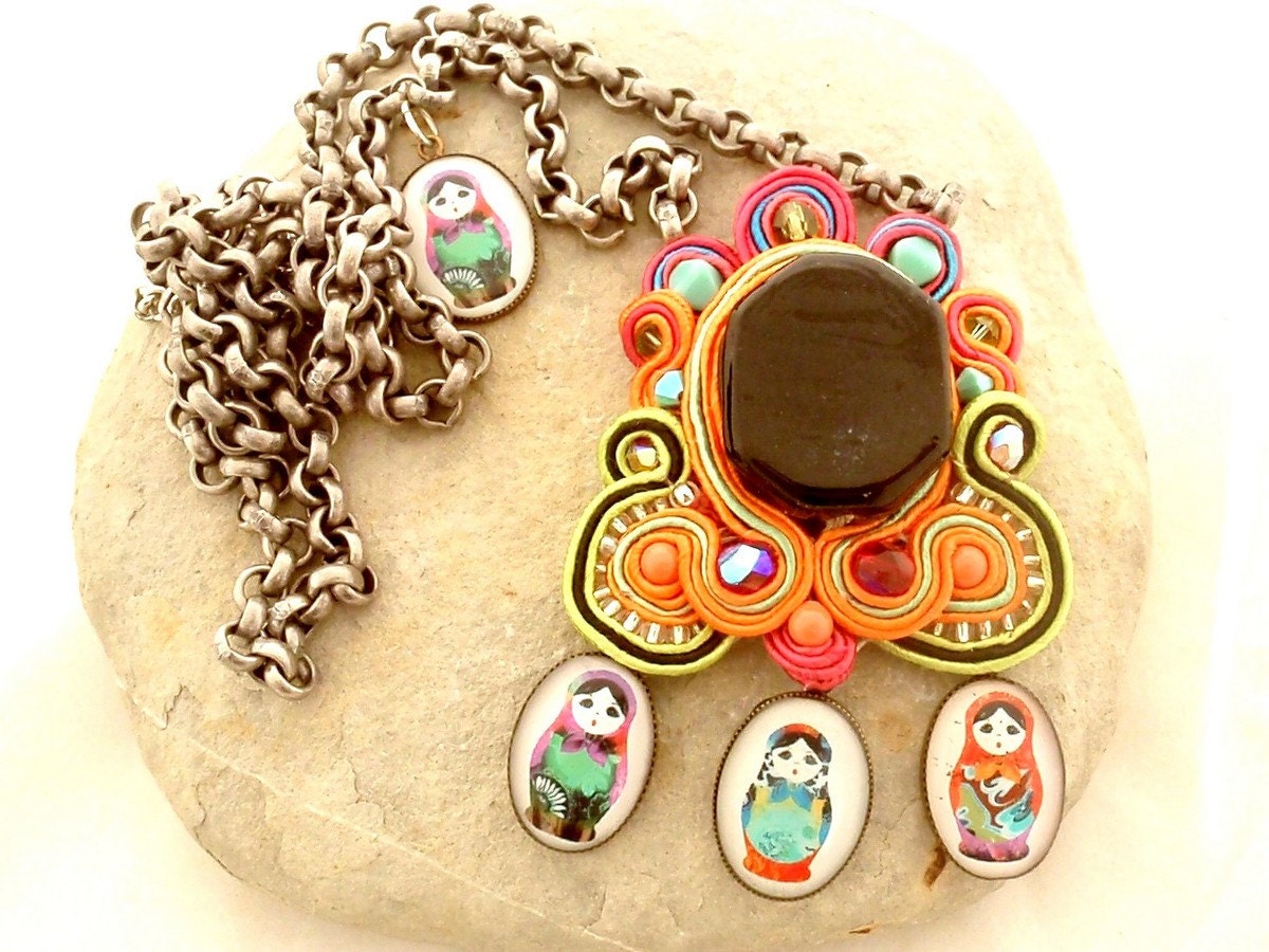Matryoshka soutache necklace , nectarine and poopy red necklace - color block