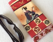 Sunglasses Case in Geisha Girls, soft eyeglass case, sleeve for large glasses frames, gold and dark red sunnies