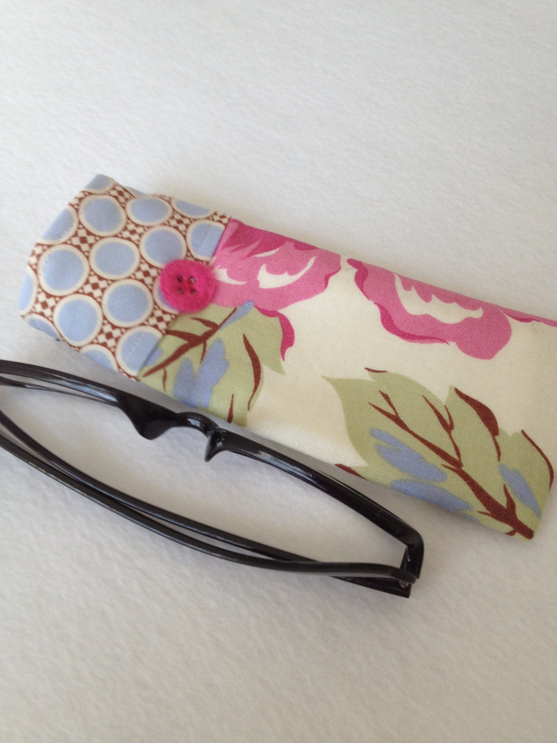 Reading Glasses Case - periwinkle, green and pink flowers and circles Amy Butler cotton fabric, small, soft eyeglasses sleeve, readers cozy