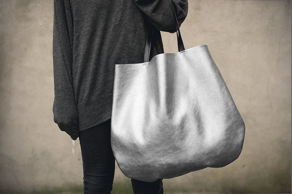 Silver Oversized Leather Hobo Bag, Tote bag in silver every day bag