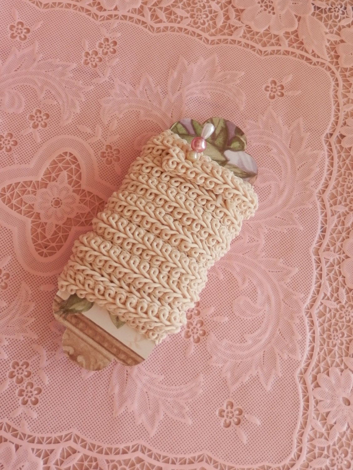 Inspiration tag with vintage french gimp trim and a fancy straight pin