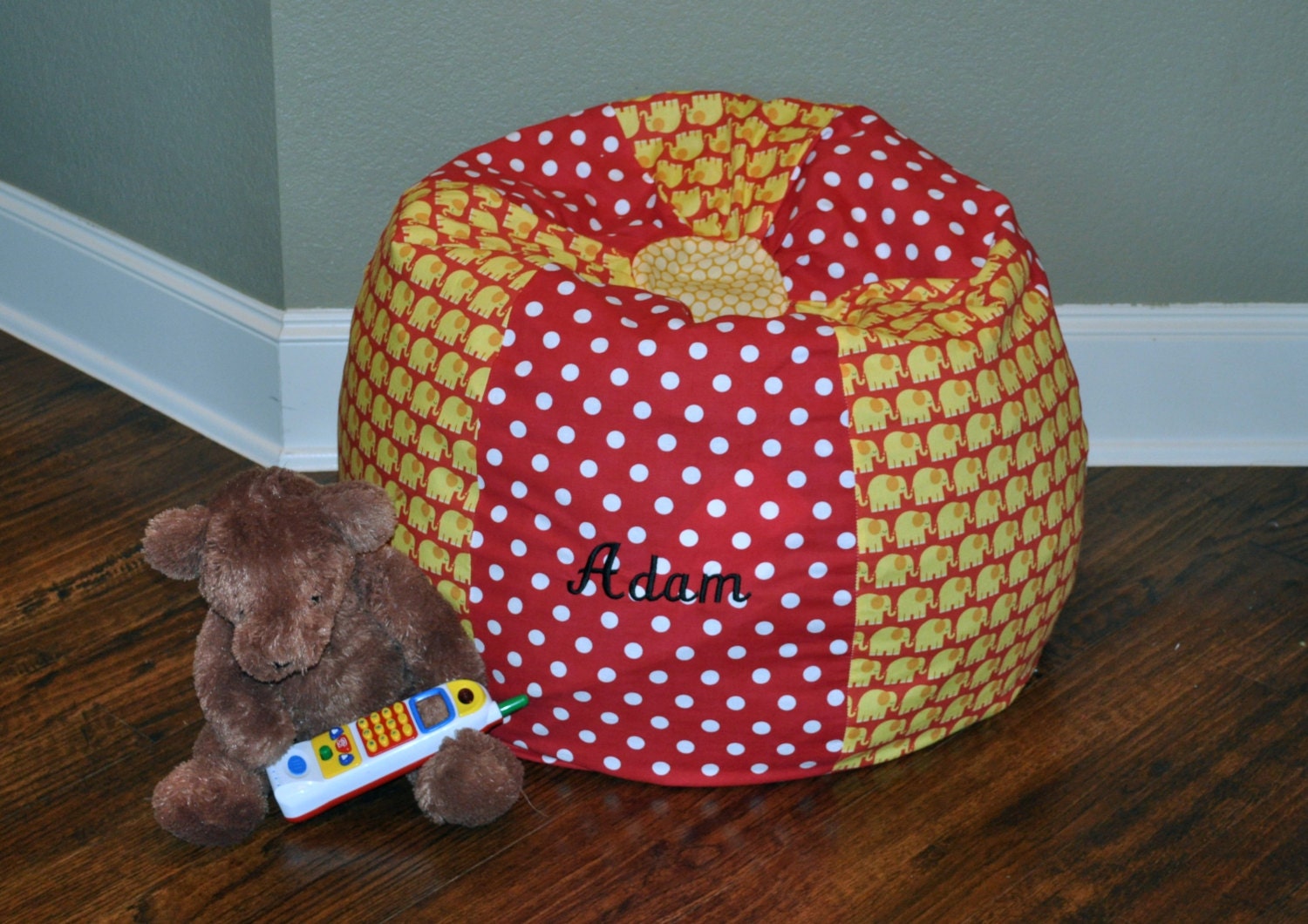 Bean Bag Chair Cover - Monogrammed Red and Yellow Elephants and Polka Dots Cover