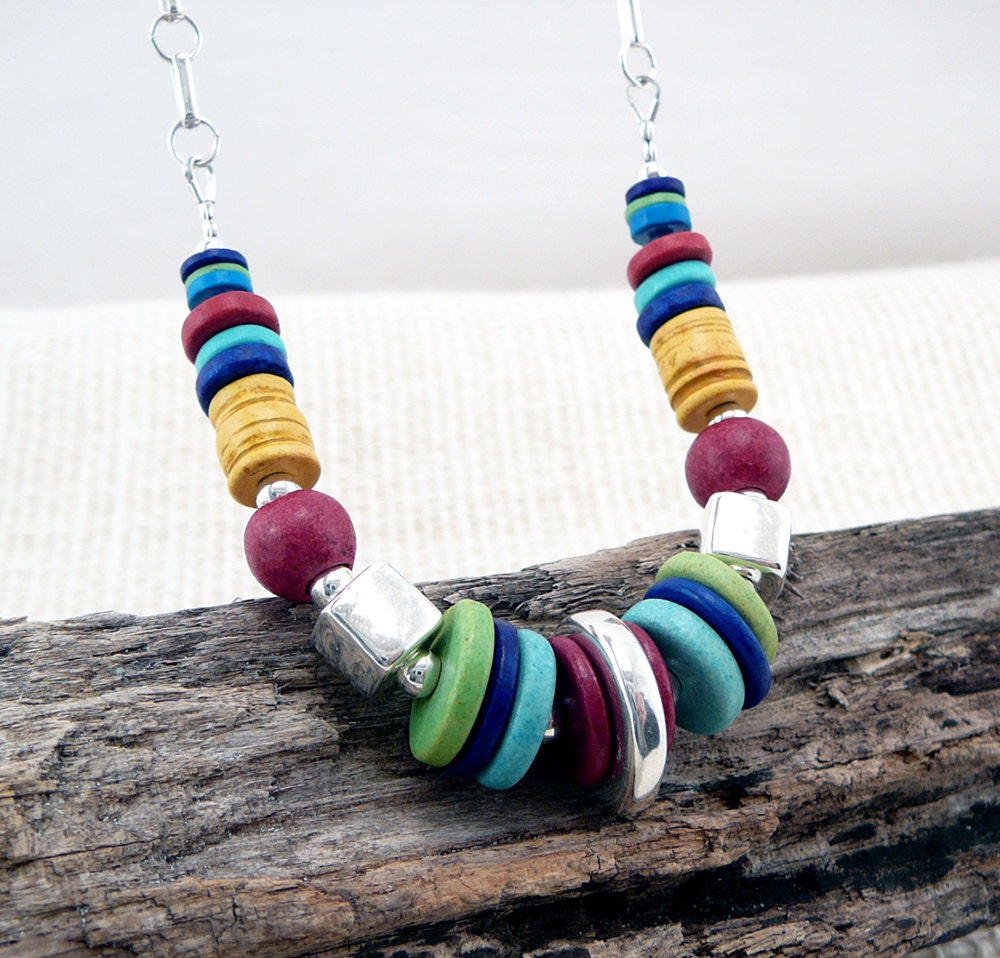 Rainbow Necklace - Ceramic Jewelry - Mykonos Bead Necklace - Disc Necklace
