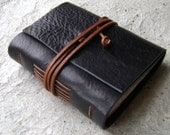 Leather Journal, 3.5"x4.5", black with orange-brown tie closure, rustic journal by Dancing Grey Studio on Etsy