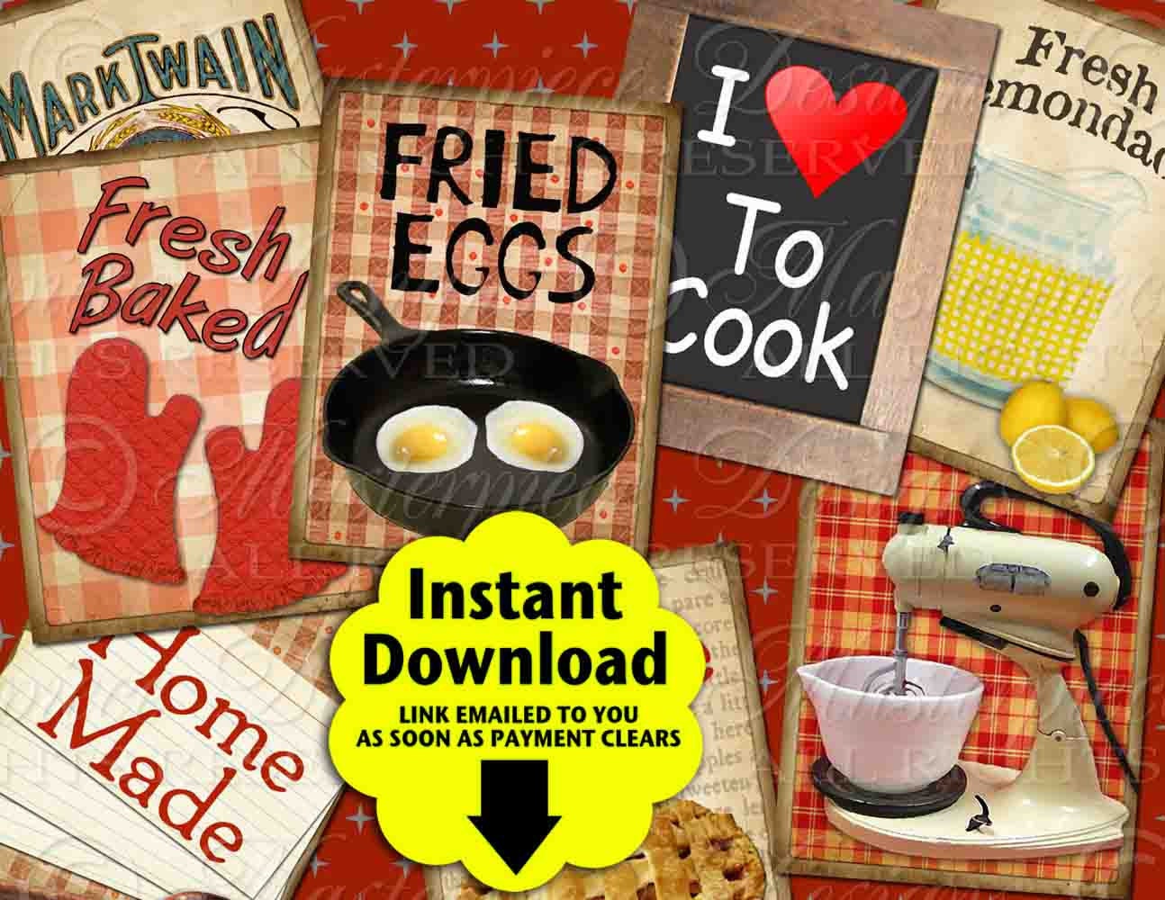 Vintage Kitchen / Cook / Cooking / Baking - ATC, ACEO, Hang Tags, Instant Download  and Print Digital Sheet