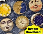 Moon, Sun and Stars / Tags / Labels - INSTANT DOWNLOAD 2 Inch Round Designs Digital JPG Collage Sheet