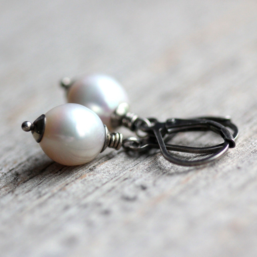 June Birthstone Pearl Earrings on Sterling Silver Lever Back Ear Wires - White Freshwater Pearls - Lotus Moon - Summer Bride Wedding Fashion