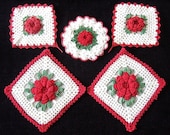 Vintage Pot Holders DOILY LOT Retro Hand CROCHETED Lace Cotton Crochet 3D Red Ecru Flowers