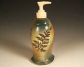 soap dispenser lotion pump, green leaf stoneware with rabbitfoot fern and