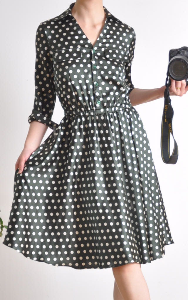 Black White Ploka Dots Pure Silk Satin V Neck Full Pleated Shirt Dress