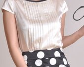 Black White Silk Satin Short Sleeves Scoop Neck Blouse