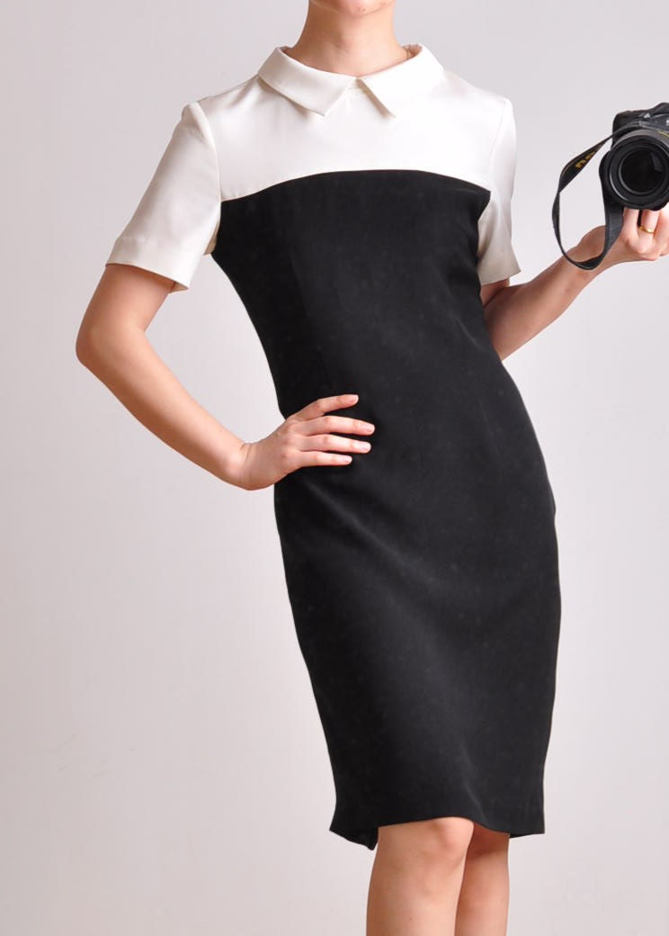 Black White Pure Silk Short Sleeves Petter Pan Collar Shift Dress