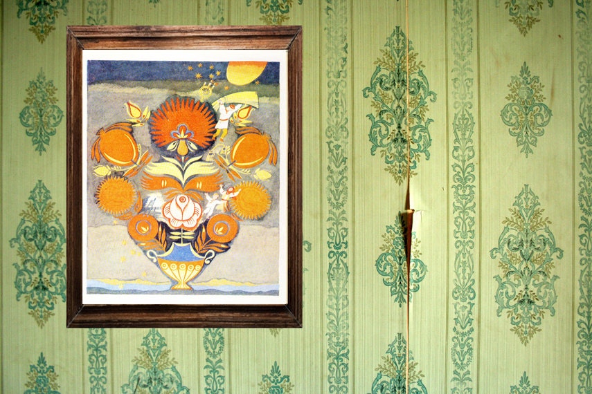 Vintage Folk Art Print "Unstill Life" Russian Fairy Tale Illustration - Bright Floral Soviet Print