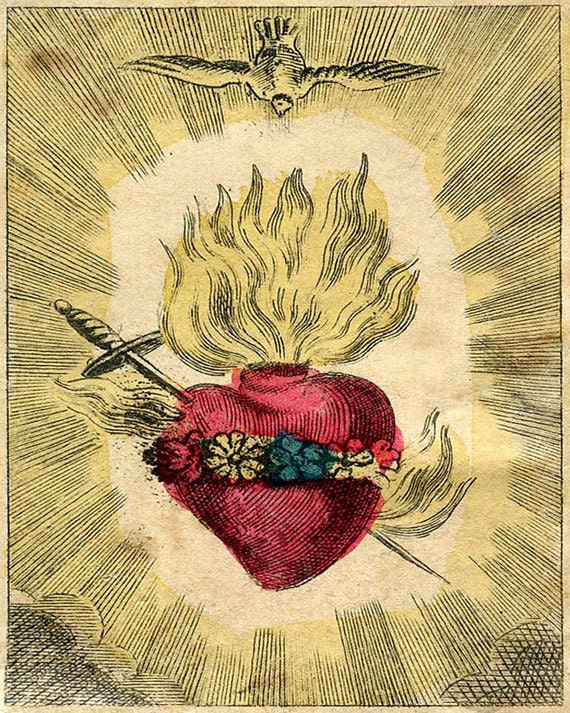 Vintage Sacred Heart Print "The Immaculate Heart of Mary" Cathlic Surreal Antique Gothic Religious Illustration