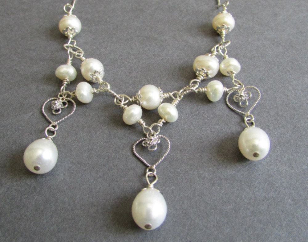 Ivory Freshwater Pearl Necklace / Pearl Bib Necklace / Sterling Silver Filigree Necklace / Hidden Heart Necklace - Honor