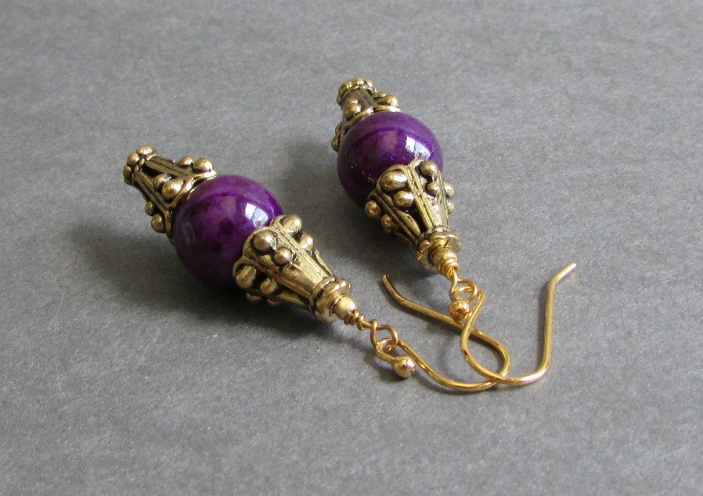 Antique Gold Tone Earrings / Dark Purple Stone Earrings / Dyed Riverstone Drop Earrings / Ornate Metal Earrings - Masquerade (Violet)