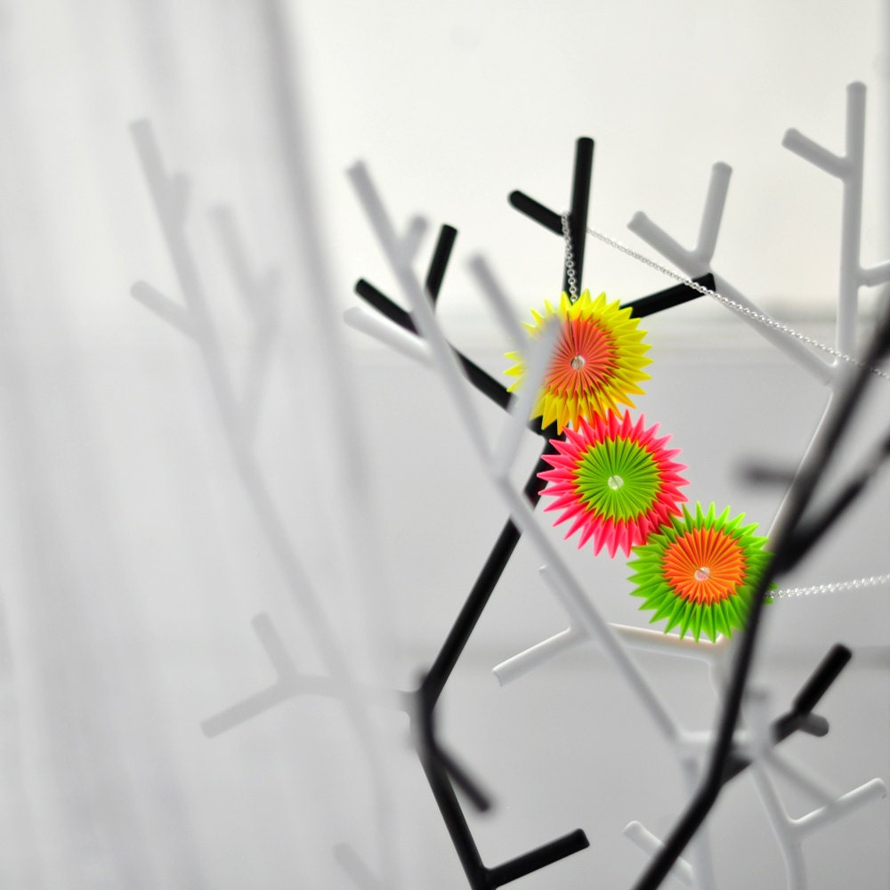 Neon Bib Necklace - Fluorescent Paper Flowers with Swarovski Beads and Sterling Silver Chain