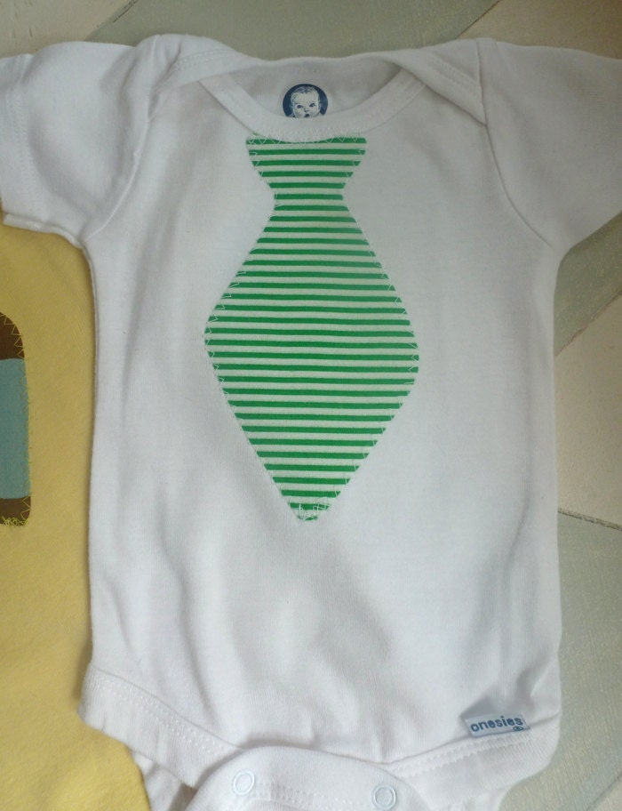 White bodysuit (Onesie) with green/white striped tie for your gentleman size 0-3mos.