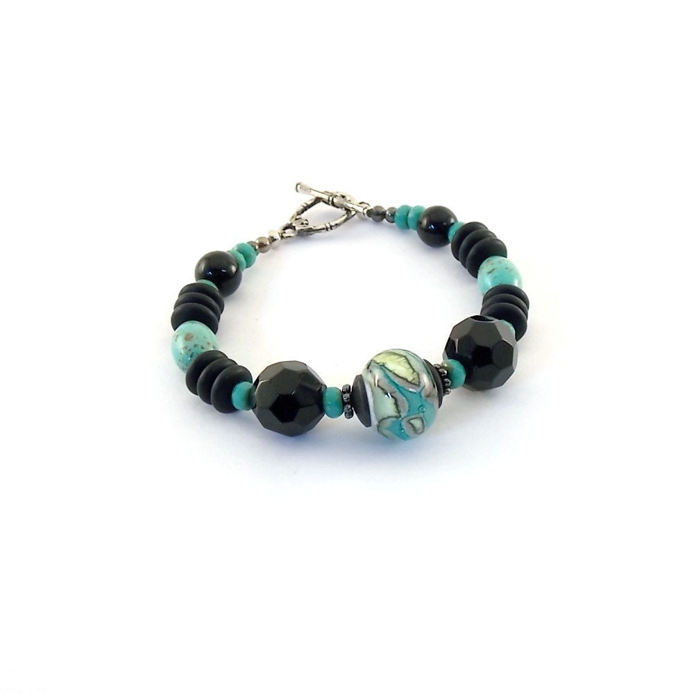 Turquoise Black Bracelet Handmade Lampwork Beaded