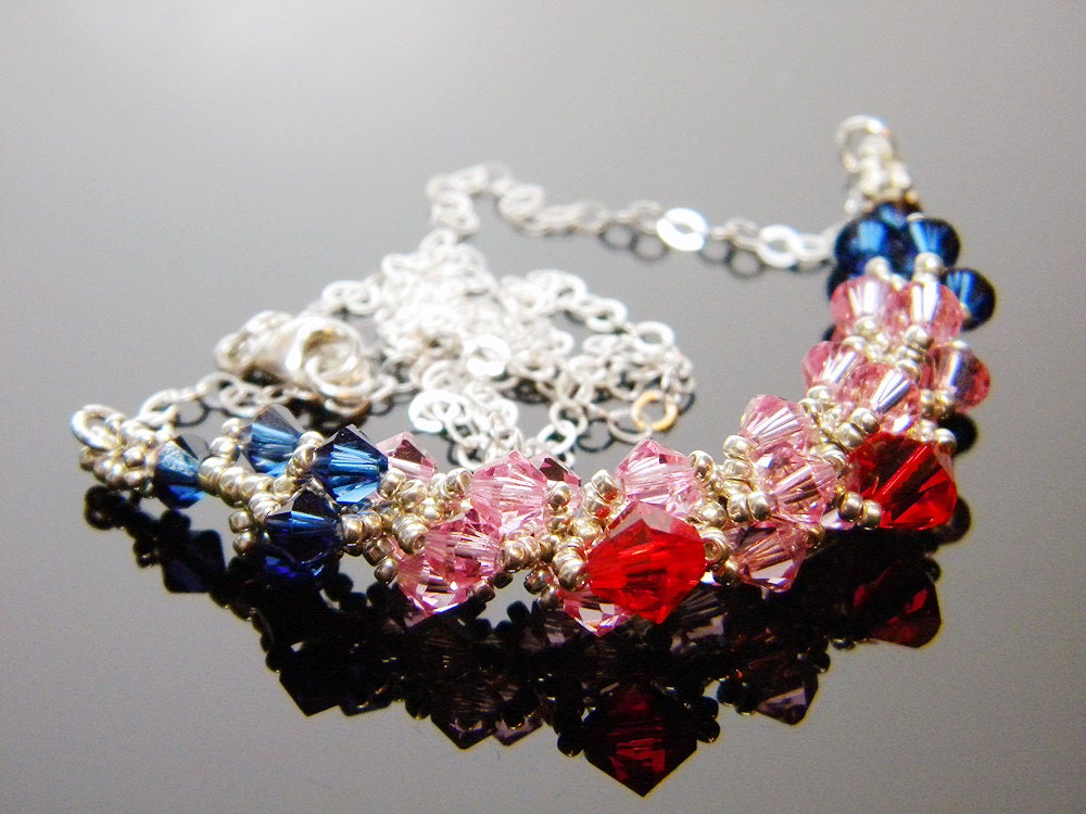 Doctor Who Inspired Swarovski Crystal Necklace Dark Sapphire Siam Beadweaving Sterling Silver - "Two Hearts"