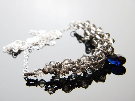Doctor Who Weeping Angel Inspired Swarovski Crystal Necklace Greige Dark Sapphire Beadweaving Sterling Silver - "Don't Blink"