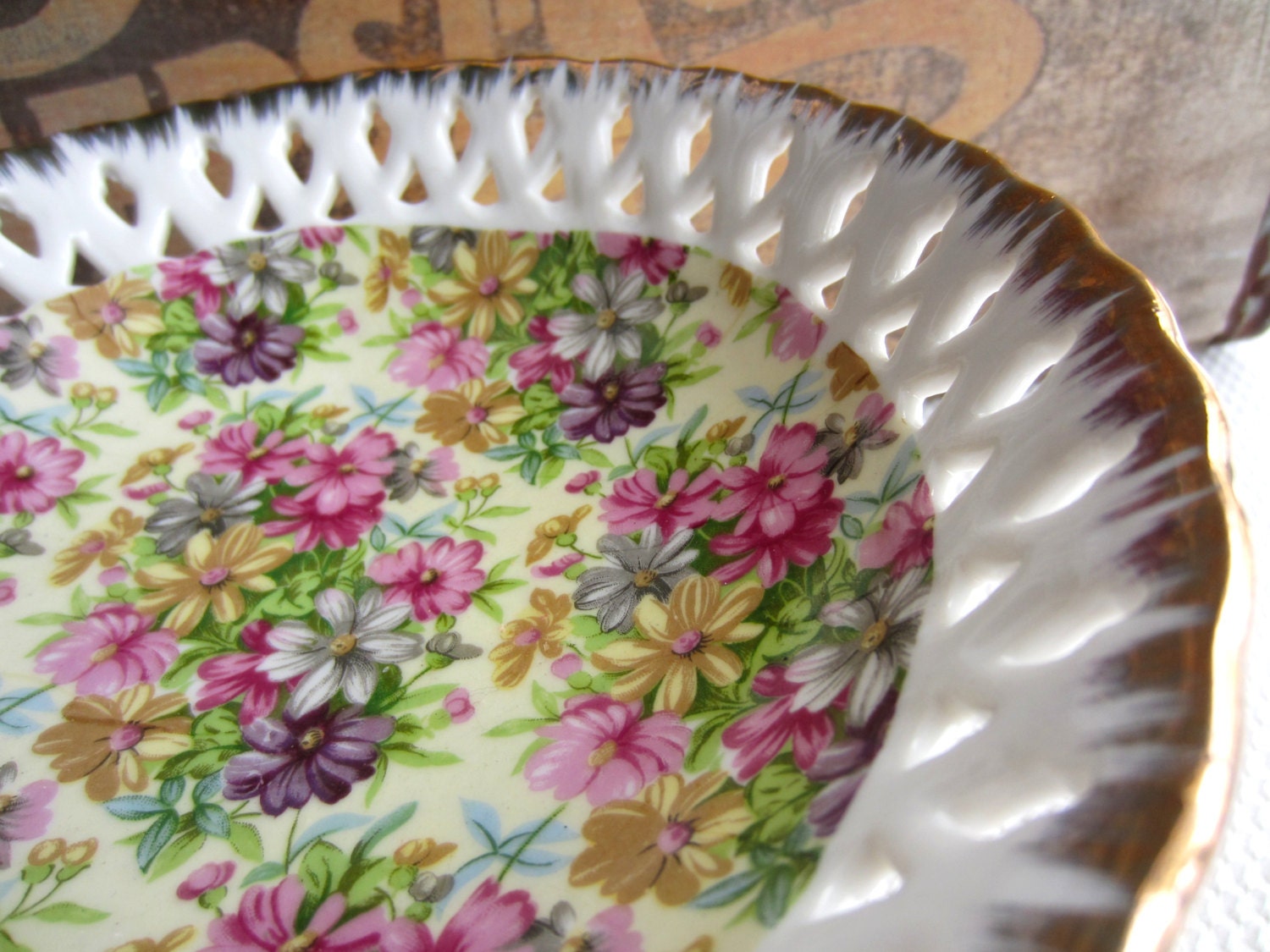 Vintage Floral Chintz Reticulated Pedestal Bowl with Gold Trim made in Japan