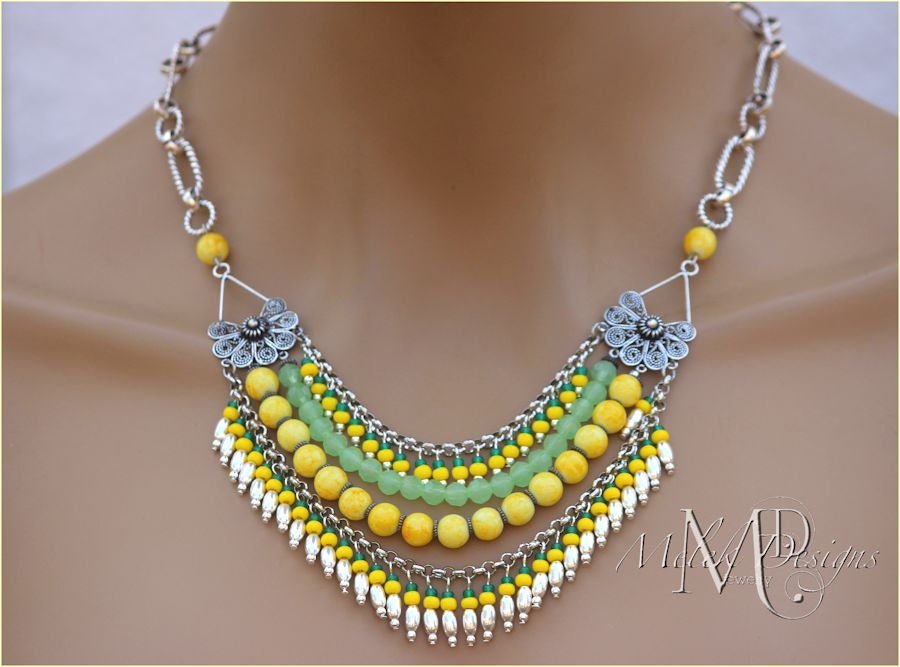 Green Yellow Beaded Fringe Silver Chain Multi Strand Necklace
