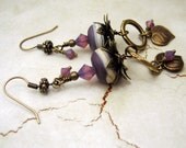 Lampwork Earrings - Antique Brass  Matte Purple Beads Swarovski Crystal Boho Beaded Jewelry 'Summer Violets'