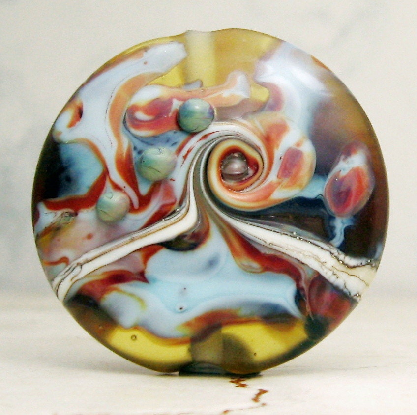 SRA Lampwork Glass Bead, Organic Focal Lentil Bead -  Blue, Green, Purple, 'Mossy Beach'