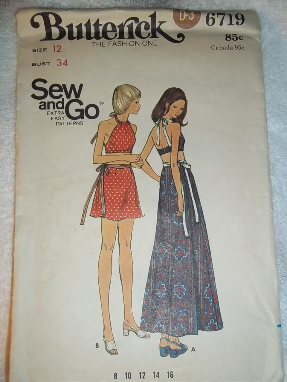 1970's Easy halter Top, wrapped Skirt  Butterick 6719 Misses size 12 bust 34" sewing pattern