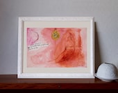 Original Painting paper 14x9 woman sitting pink brown ocher, verses, paper medallion