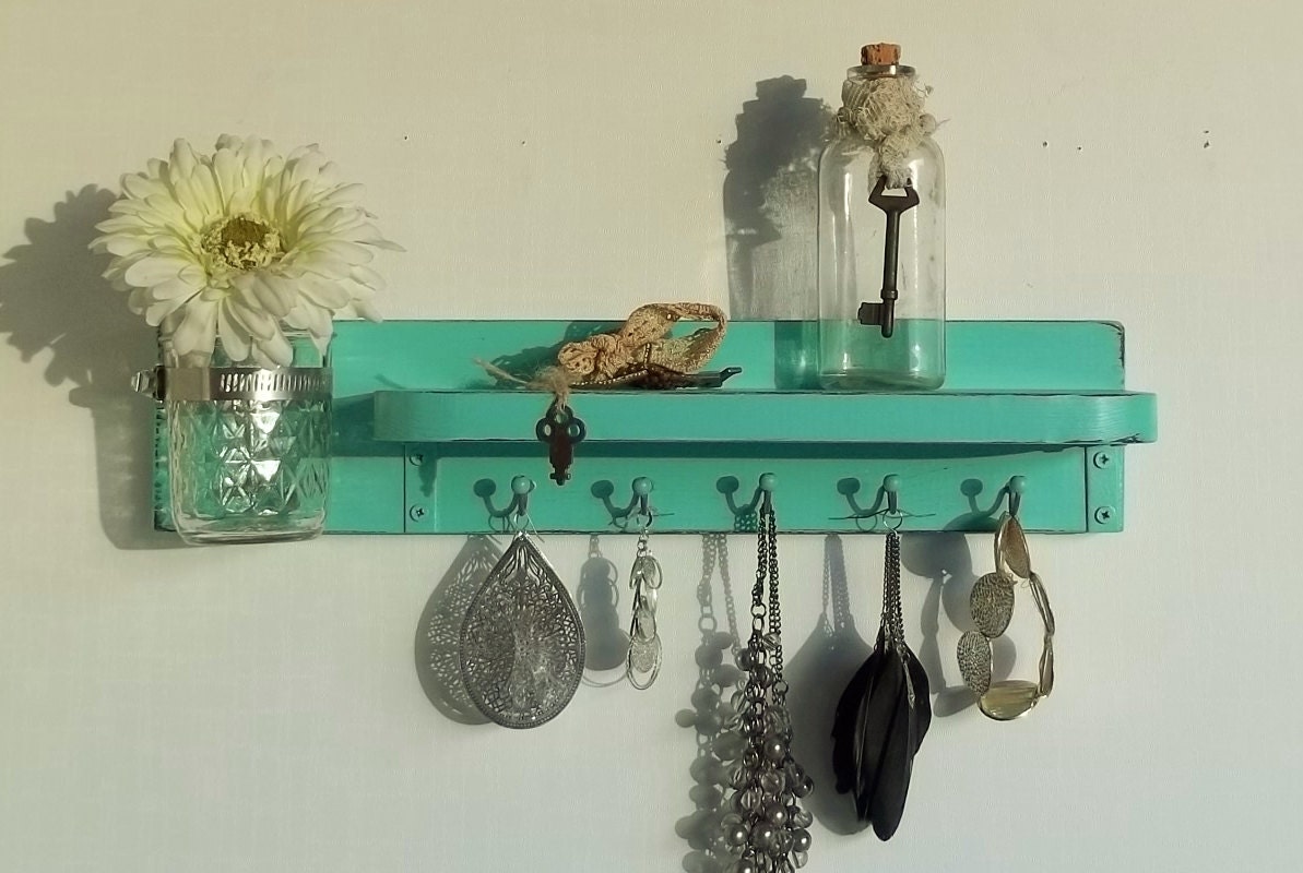 Turquoise.... Wood Jewelry Hanger....Key Hooks....Organizer......Mason Jar Shelf