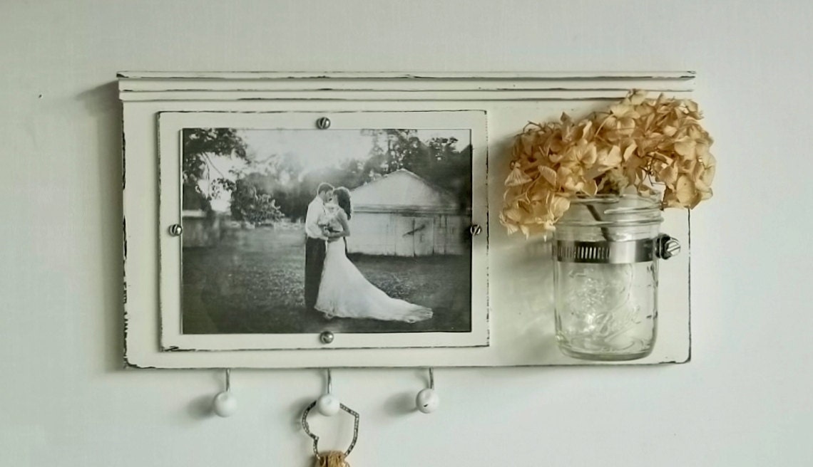 Shabby Chic White Wood Picture Frame...Key Organizer....Mason Jar Shelf..Made to Order