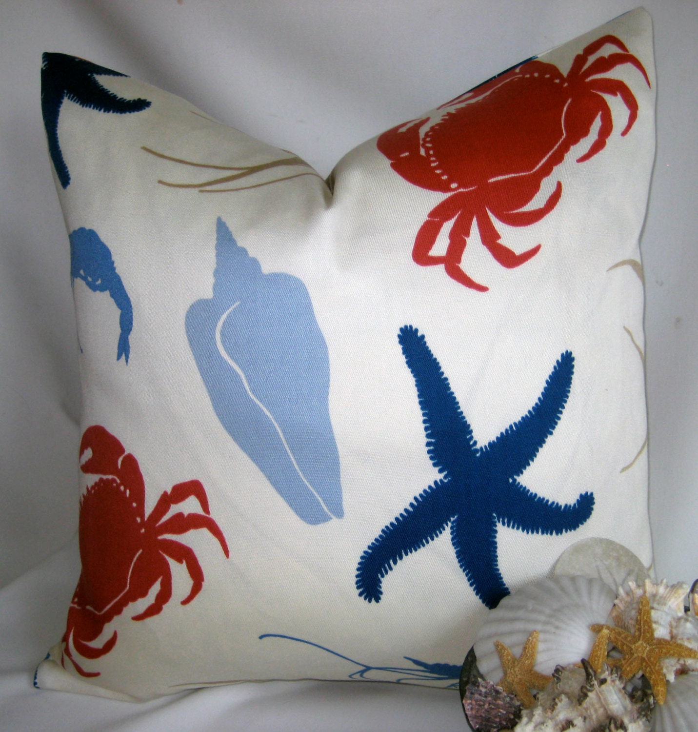 Red and blue seashore print pillow cover fabric one 22 inch accent pillow toss pillow cover
