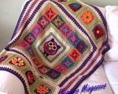 Made to order. Free US shipping Handmade crocheted owl baby children blanket afghan granny squares 30" by 39"