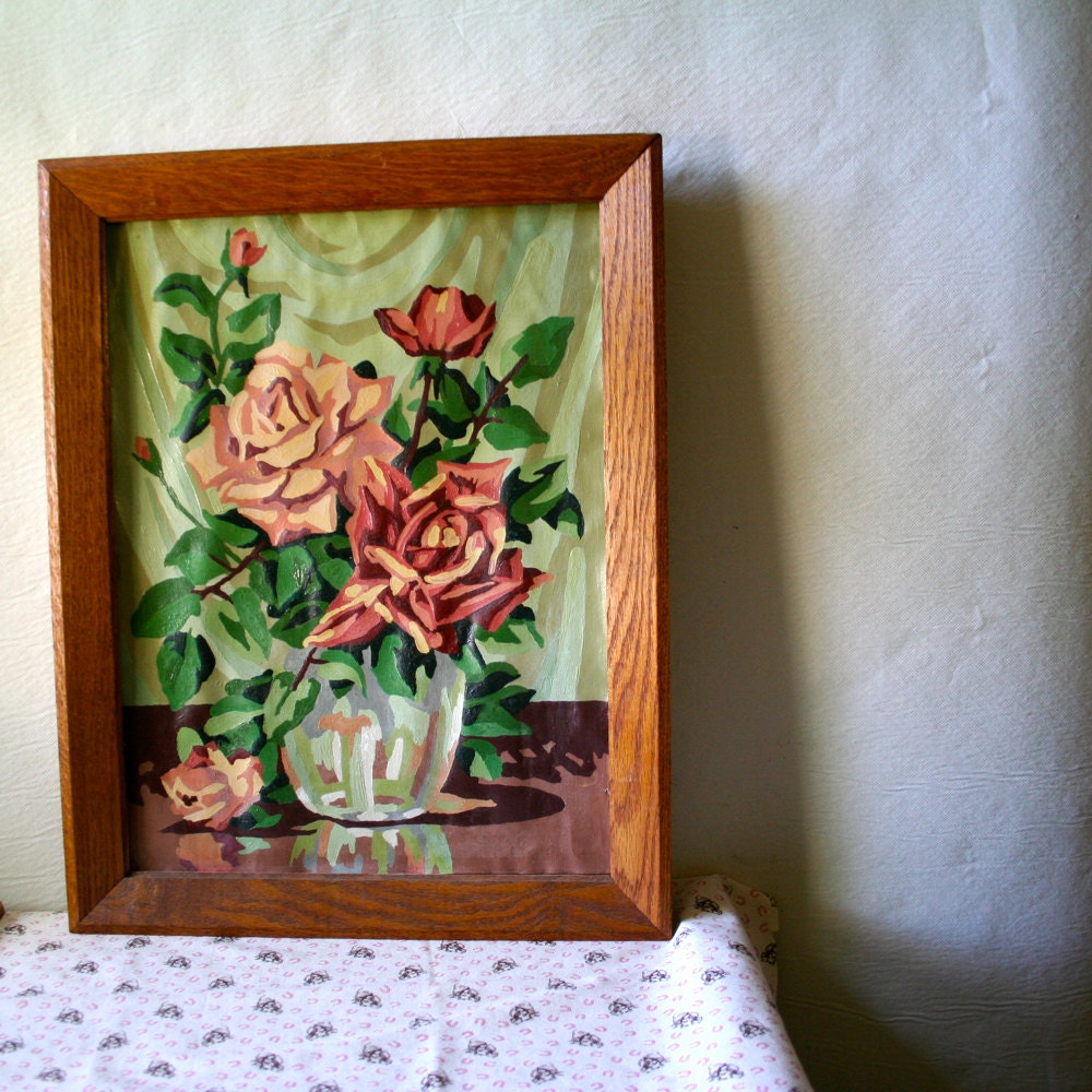 Vintage 1950s Floral Painting Paint By Number Vase of Roses Flowers