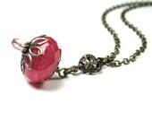Pendant Necklace, Vintage Style Jewelry, Pink Czech Glass, Filigree Antiqued Brass Heart, Elegant Jewelry, Romantic, Womens AccessoriesV