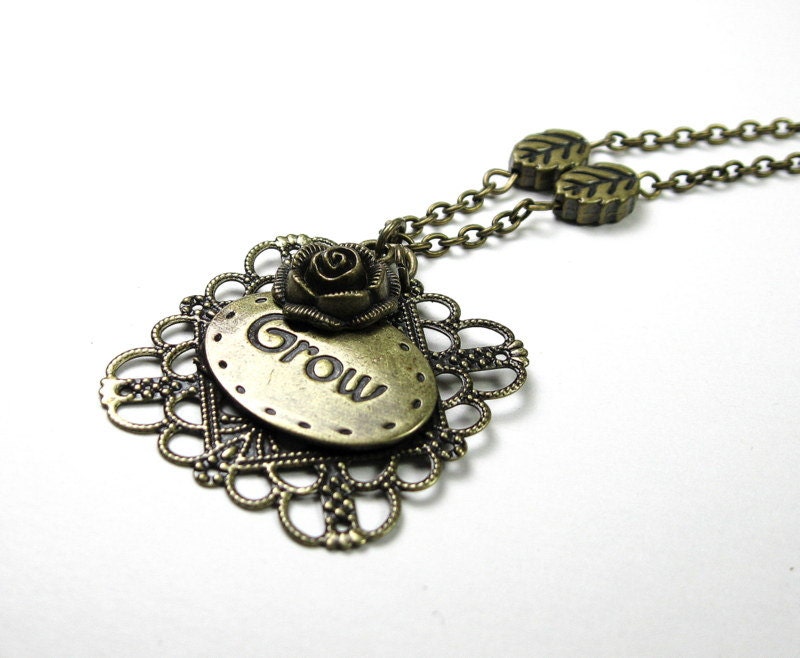 Inspirational Jewelry, Antiqued Brass Flower Necklace, Gifts for Gardeners, Womens Accessories, Gifts for Her, Grow, Floral Necklace