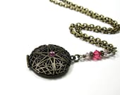 Victorian Style Pink Necklace, Filigree Locket, Swarovski Crystals, Pendant Necklace, Antiqued Brass, Filigree Locket, Romantic Jewelry