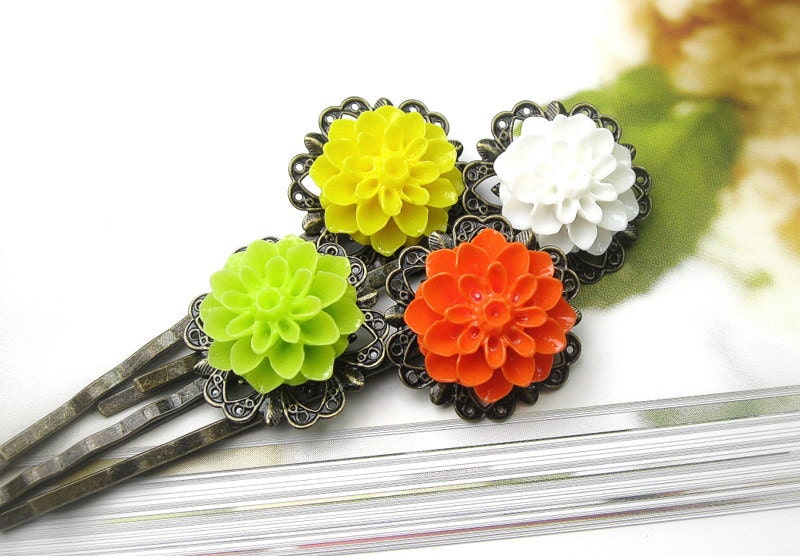 Flower Hair Pins, Floral Bobby Pins, White, Green, Yellow, Orange, Sherbet, Hair Accessories, Resin Cabochons, Crysanthymums, Gifts for Her