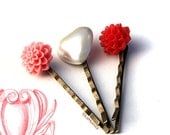 True Love Bobby Pins. Hair Accessories. Flower and Heart Bobbie Pins