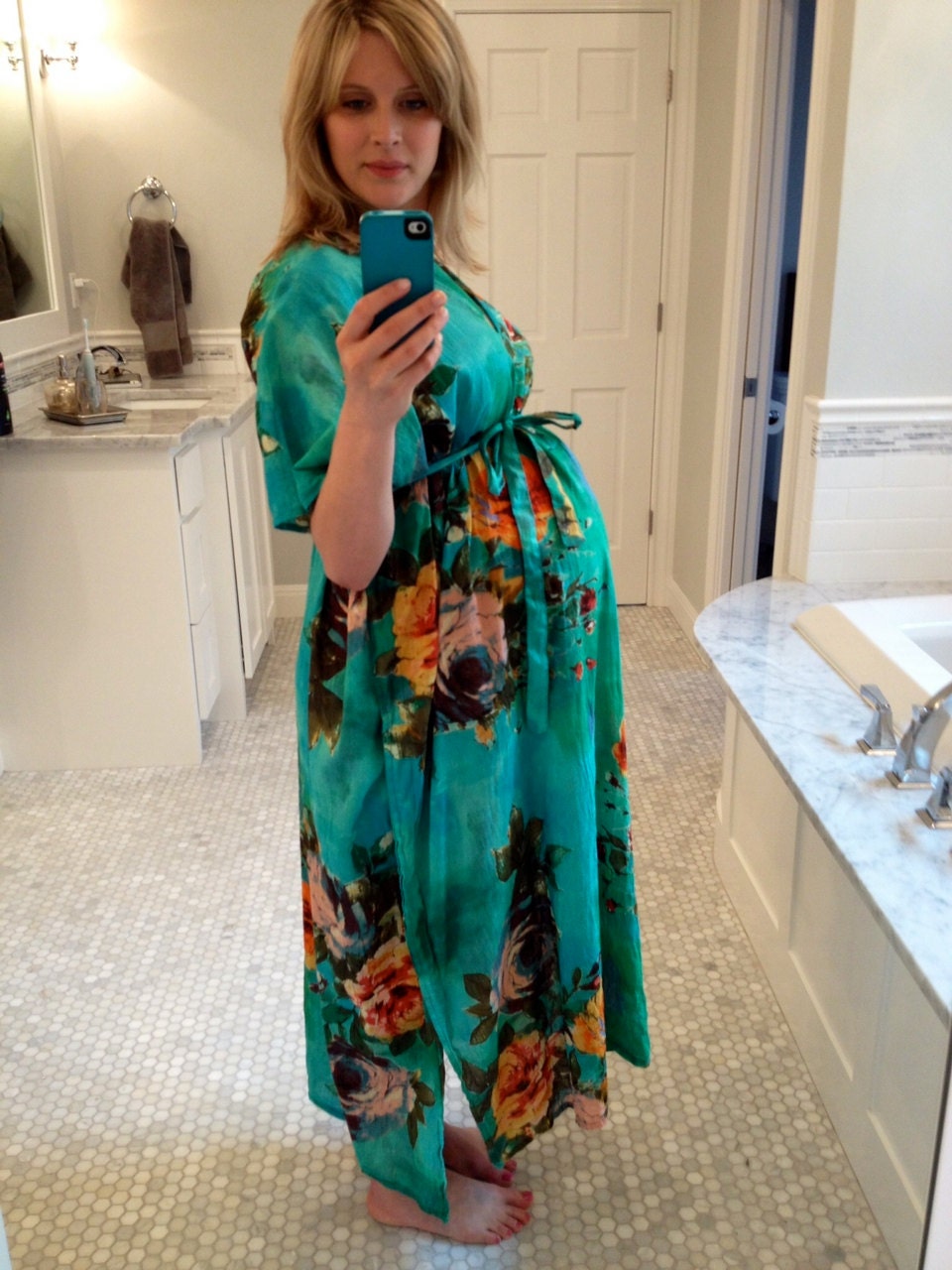 Hospital Gown Delivery Kaftan - Aqua - Perfect as labor, delivery gown, nursing gown, moms & to be moms, Baby shower, Maternity photo props
