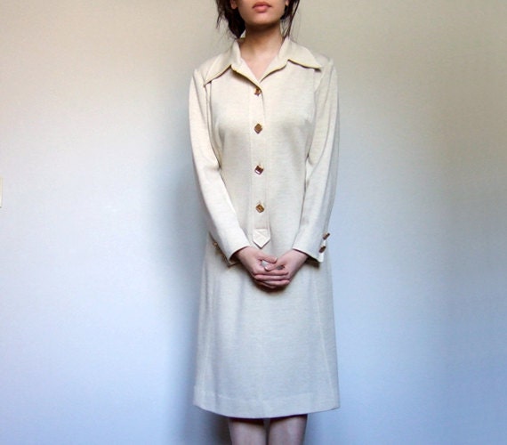 Beige Cream Collared Dress Long Sleeve Simple Casual 1970s 70s Fall Dress - Large L