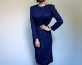 Blue Dress Navy Pockets 1980s 80s Gold Buttons Long Sleeve Simple Dress - Small S
